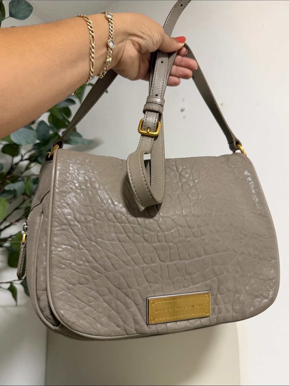Marc by Marc Jacobs Stone Taupe Pebbled Leather Shoulder Bag with Gold Hardware